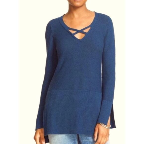 Free People Navy Blue Criss Cross Tunic Sweater Side Slit Women's size S - Picture 1 of 10